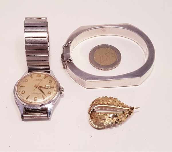 (Curiosa) Zilver/ double/chroom, Horloge, broche en armband, midden 20e eeuw. Chroom/ zilver/ - Image 7 of 7