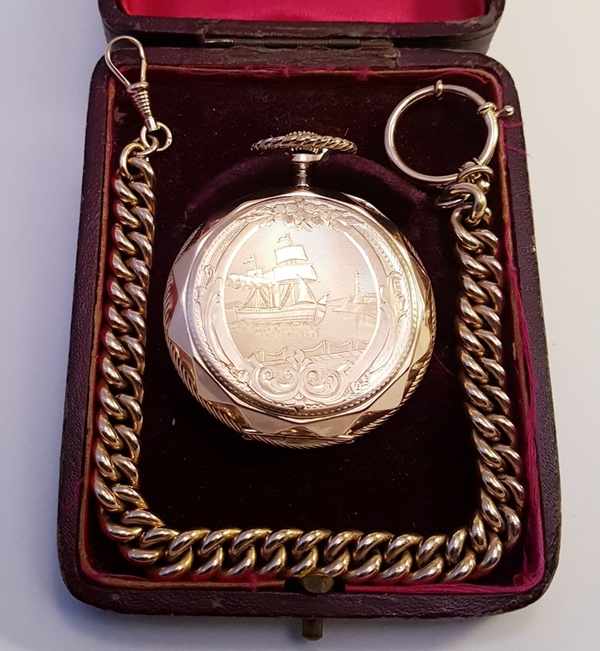 (Goud) Gouden zakhorloge, Remontoir 10 rubis + gouden ketting. Zwitserland 1911.Gouden zakhorloge, - Image 30 of 37