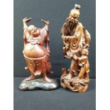(Aziatica) Houten beelden van Shou Lao en Boeddha, China, midden 20e eeuwHouten beelden van Shou Lao