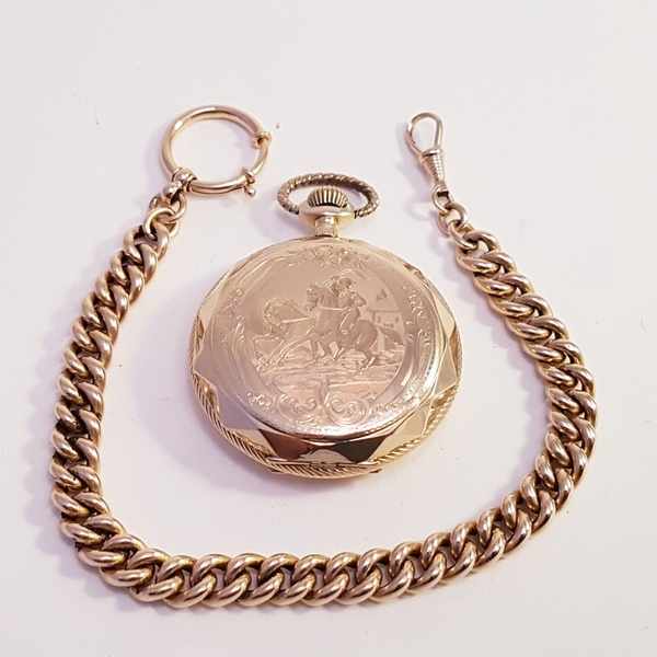 (Goud) Gouden zakhorloge, Remontoir 10 rubis + gouden ketting. Zwitserland 1911.Gouden zakhorloge, - Image 31 of 37