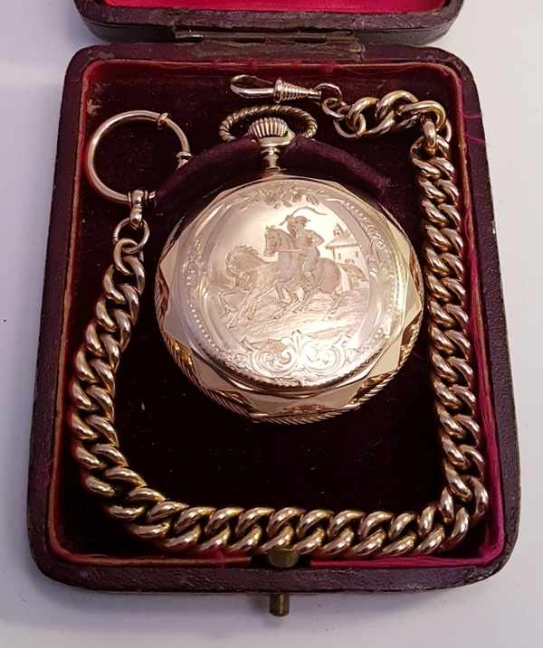 (Goud) Gouden zakhorloge, Remontoir 10 rubis + gouden ketting. Zwitserland 1911.Gouden zakhorloge,