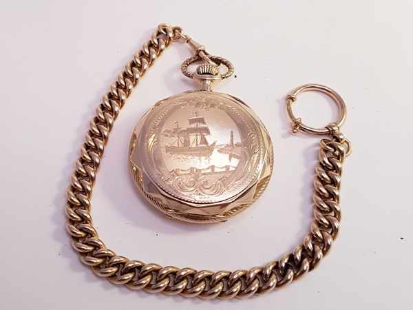(Goud) Gouden zakhorloge, Remontoir 10 rubis + gouden ketting. Zwitserland 1911.Gouden zakhorloge, - Image 26 of 37