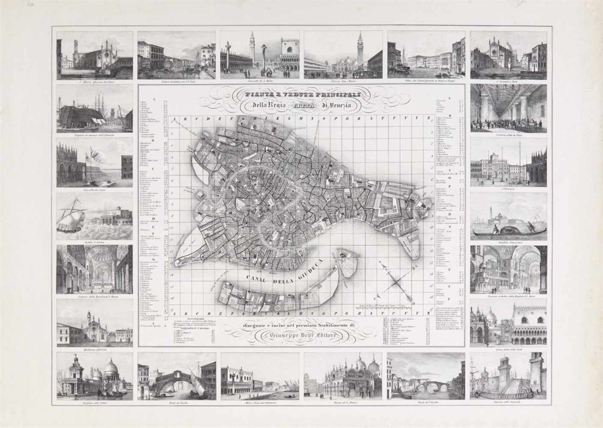 Venedig. - Pianta e vedute principali della Regia Cittá di Venezia, Plan (34 x 42,5 cm) mit