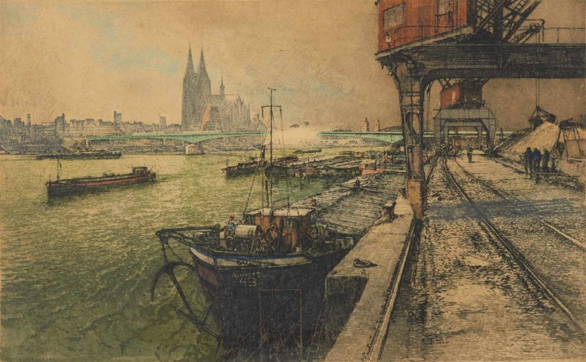 Köln. - Deutzer Hafen mit Blick auf den Dom. 1952. Farbradierung von Luigi Kasimir. Signiert. In der