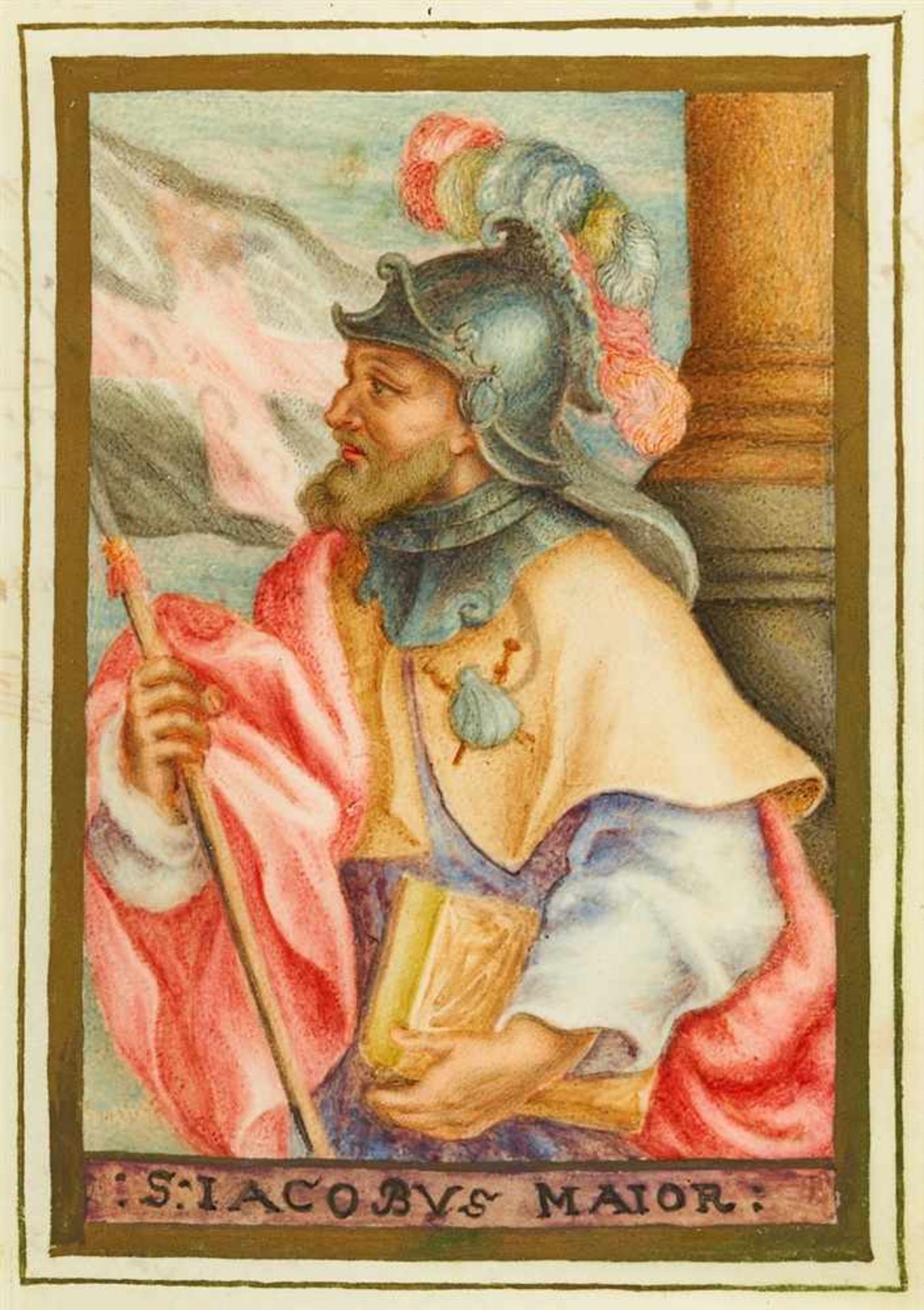 Andachtsgraphik. - Hl. Jacobus. S. Jacobus Maior, mit Ritterhelm, Fahne und Buch, Jakobsmuschel am