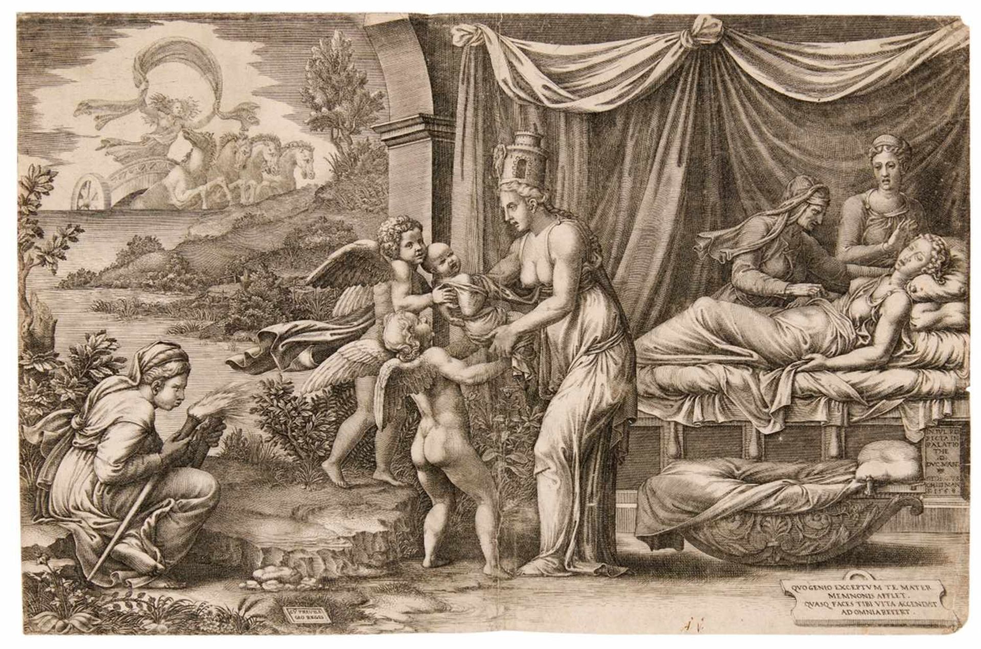 GIORGIO MANTOVANO GHISIMantua 1512/20-1582Allegorie der Geburt. 1558. Kupferstich auf Bütten mit