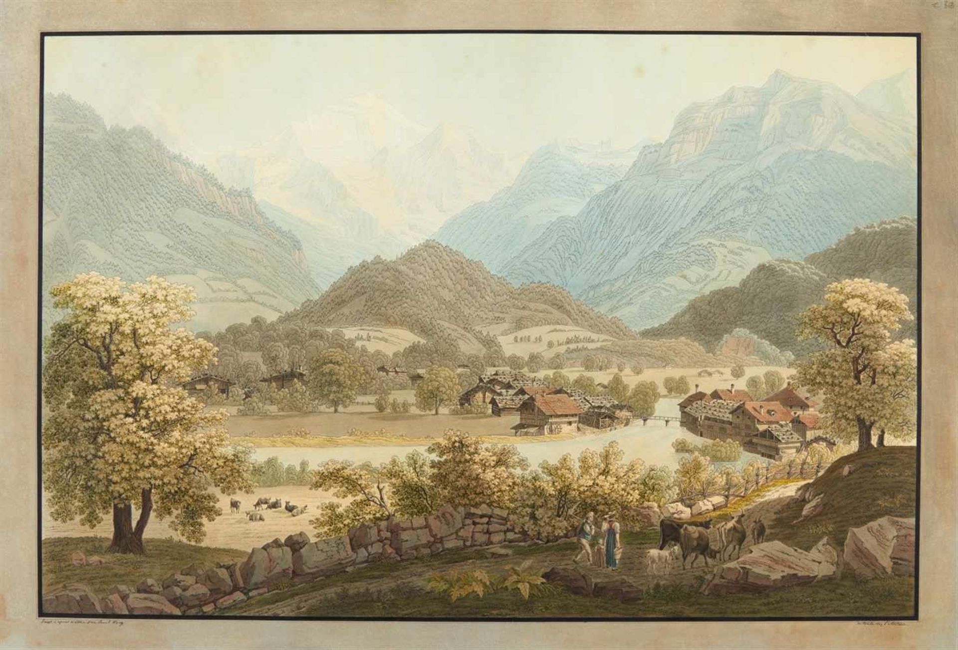 Interlaken. - Unterseen mit Blick auf das Jungfrau-Massiv. Um 1820.Aquarellierte Umrissradierung - Bild 2 aus 2