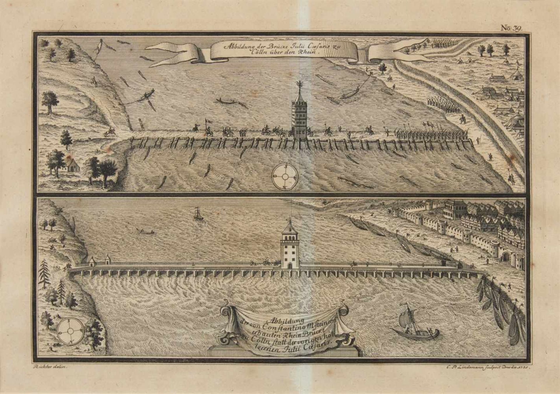 Köln. - Abbildung der Brücke Julii Caesaris zu Cölln über den Rhein. Abbildung der von - Image 2 of 2