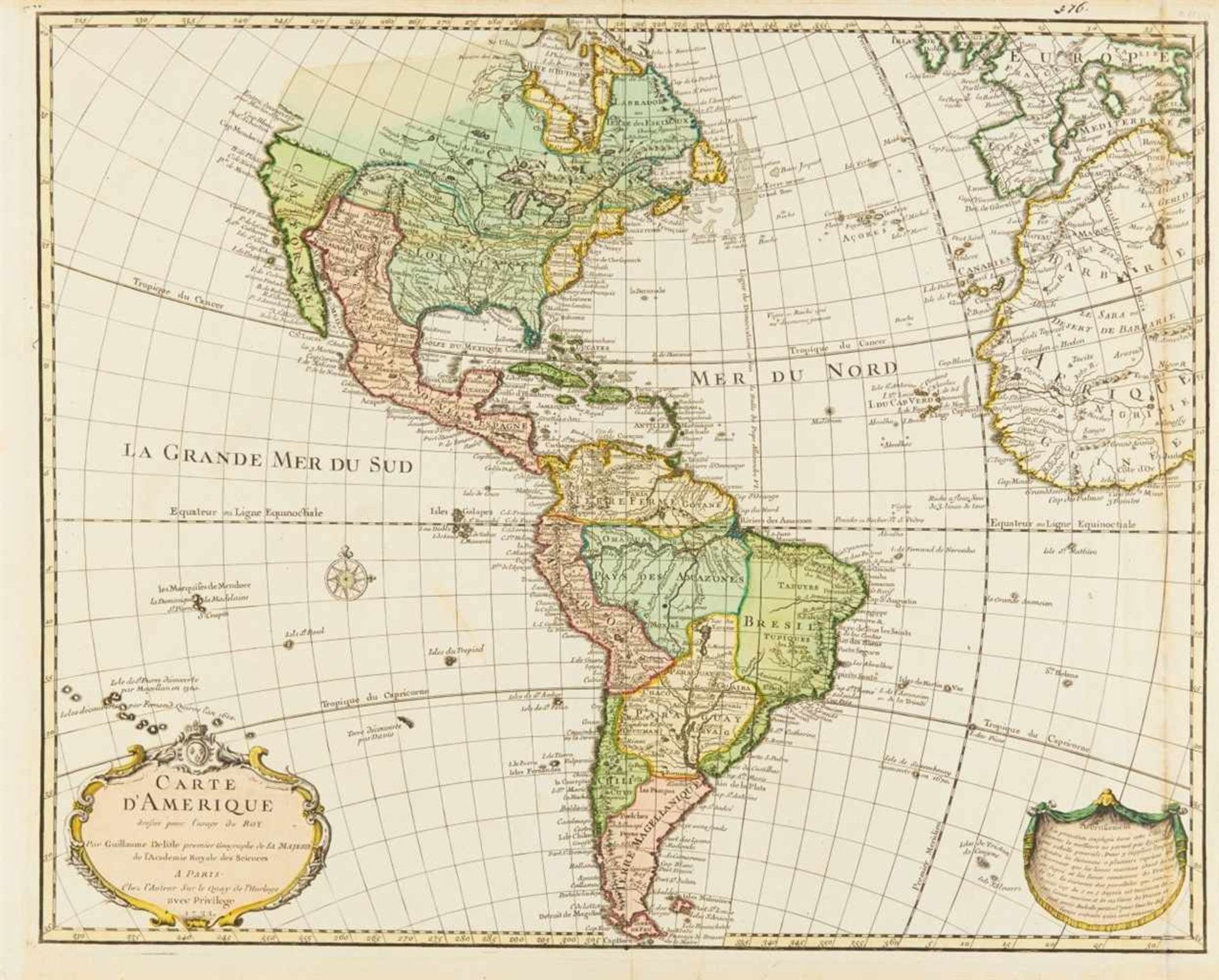 Amerika. Nord- und Südamerika. Carte d'Amerique. 1722.Kolorierte Kupferstichkarte von und bei