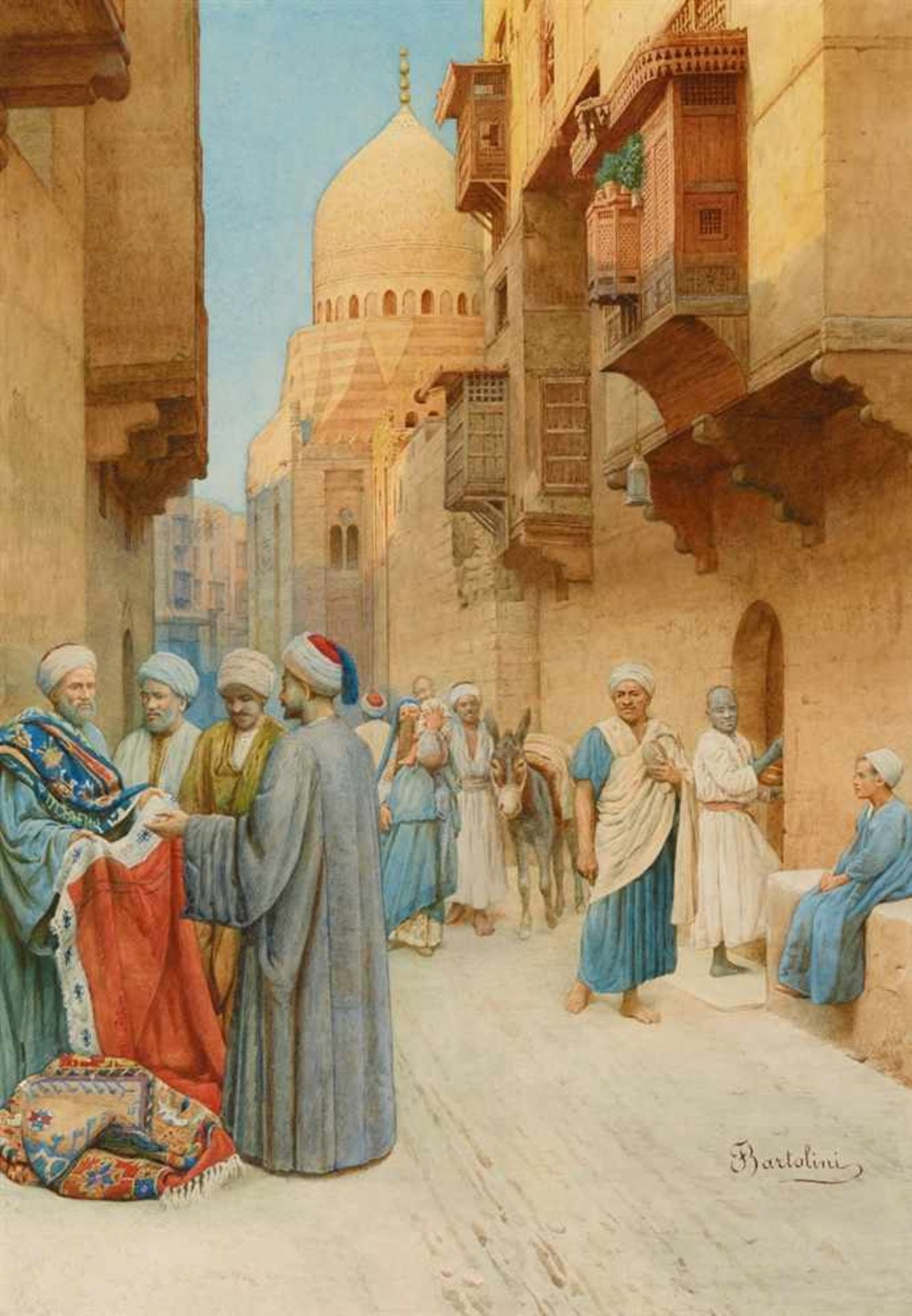 FEDERICO BARTOLINI1861 - 1908 Orientalische Straßenszene mit Teppichhändler. Aquarell auf Papier, - Bild 2 aus 2