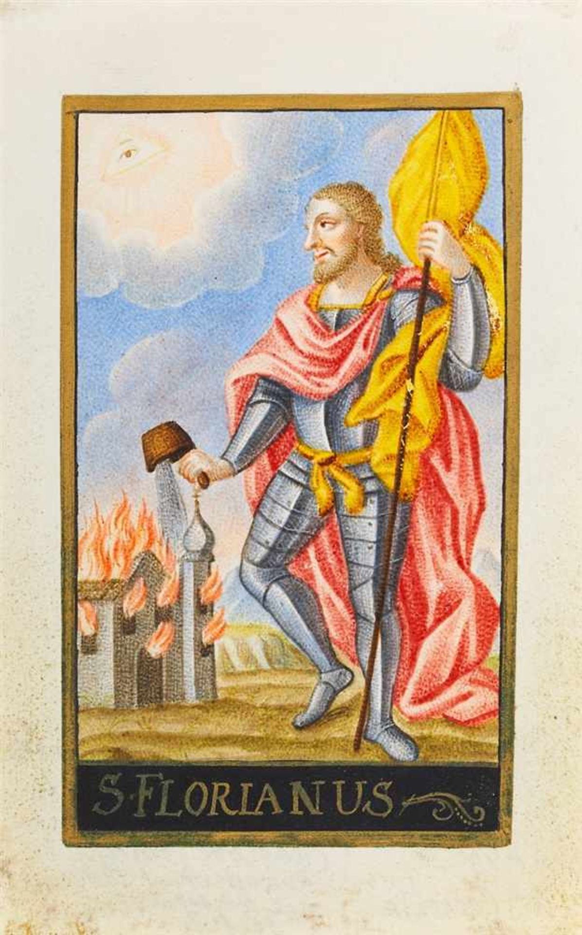 Andachtsgraphik. - St. Florian. S. Florianus, in Legionärsrüstung, mit Eimer in der Rechten, eine - Bild 2 aus 2