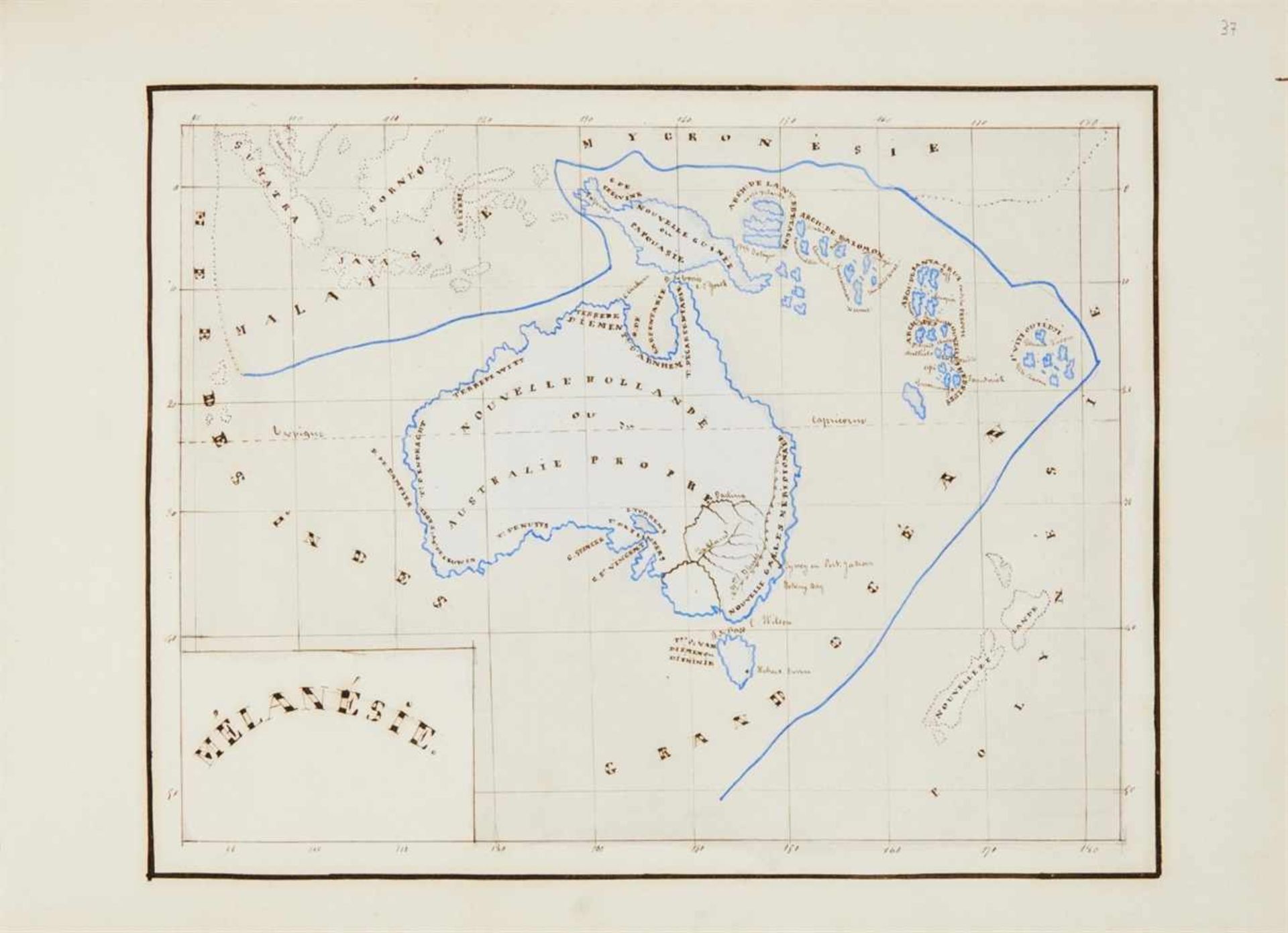 Weltatlas. Französisches Manuskript, um 1848.39 Karten in Federzeichnung mit Flächen- und