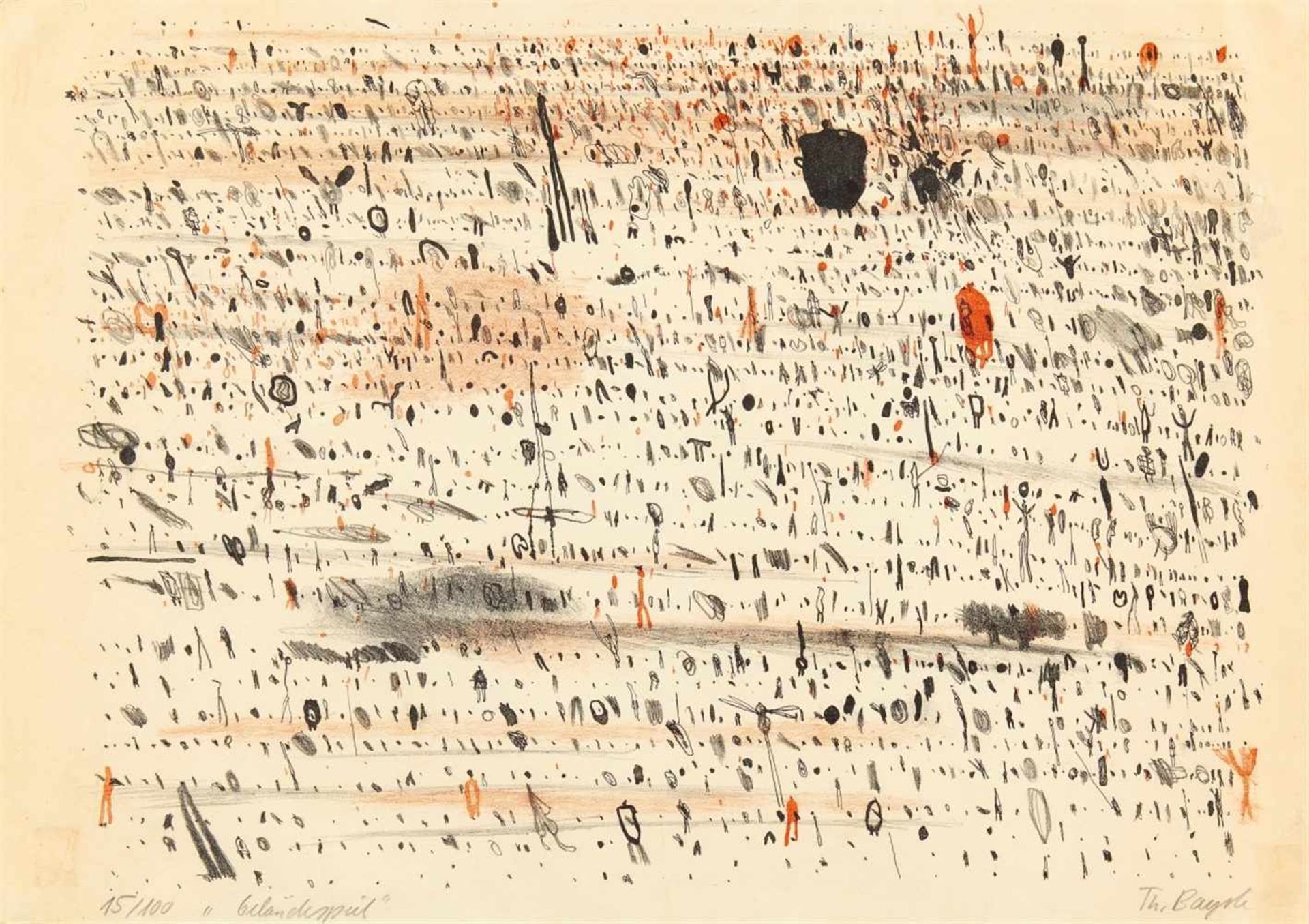 THOMAS BAYRLE 1937 GELÄNDESPIEL Farblithographie auf Velin. Signiert. Ex. 15/100. 38 x 54 cm. (