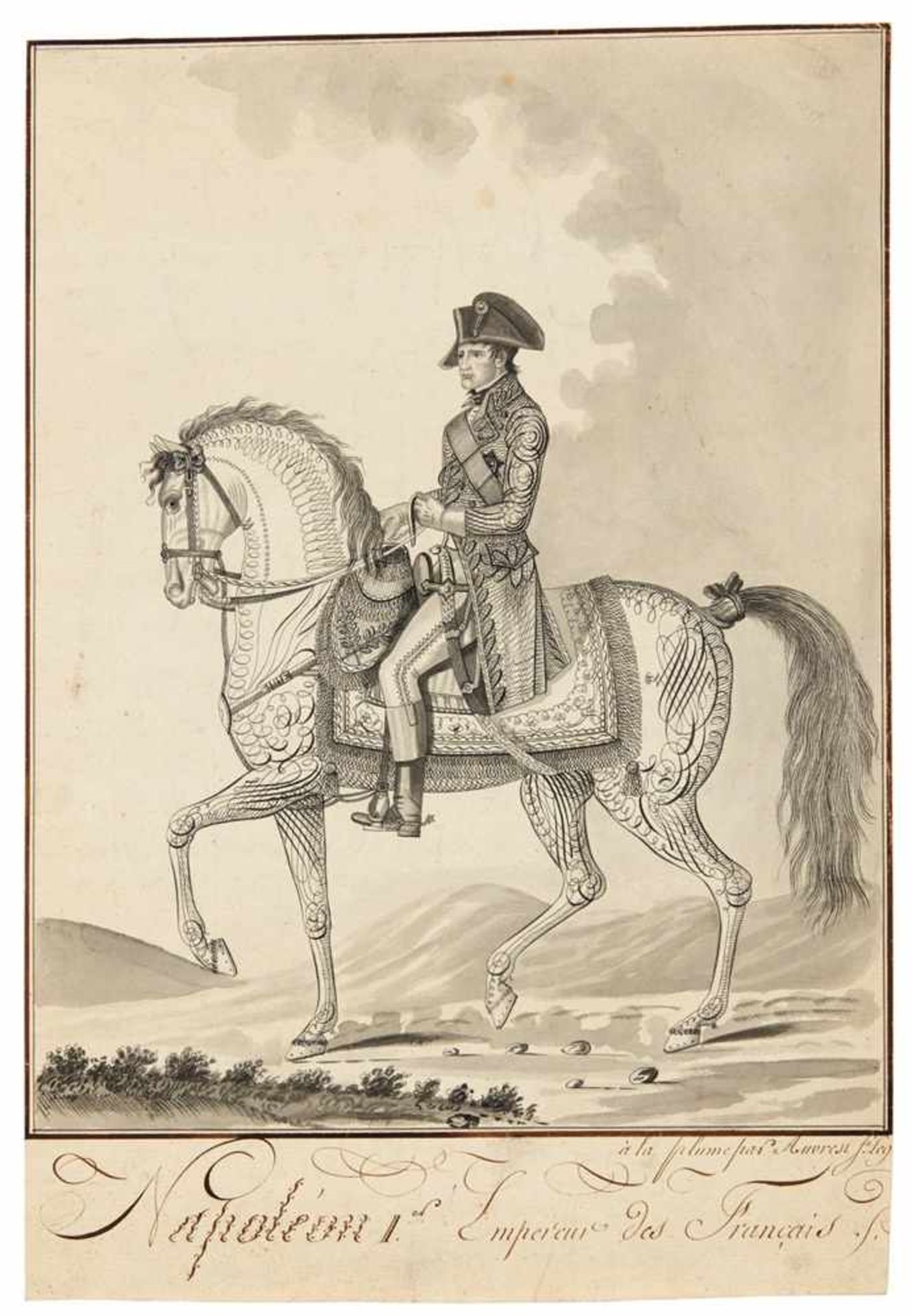 Napoléon Bonaparte. - Napoleon Ier Empereur des Français. - Porträt zu Pferde mit landschaftlichem