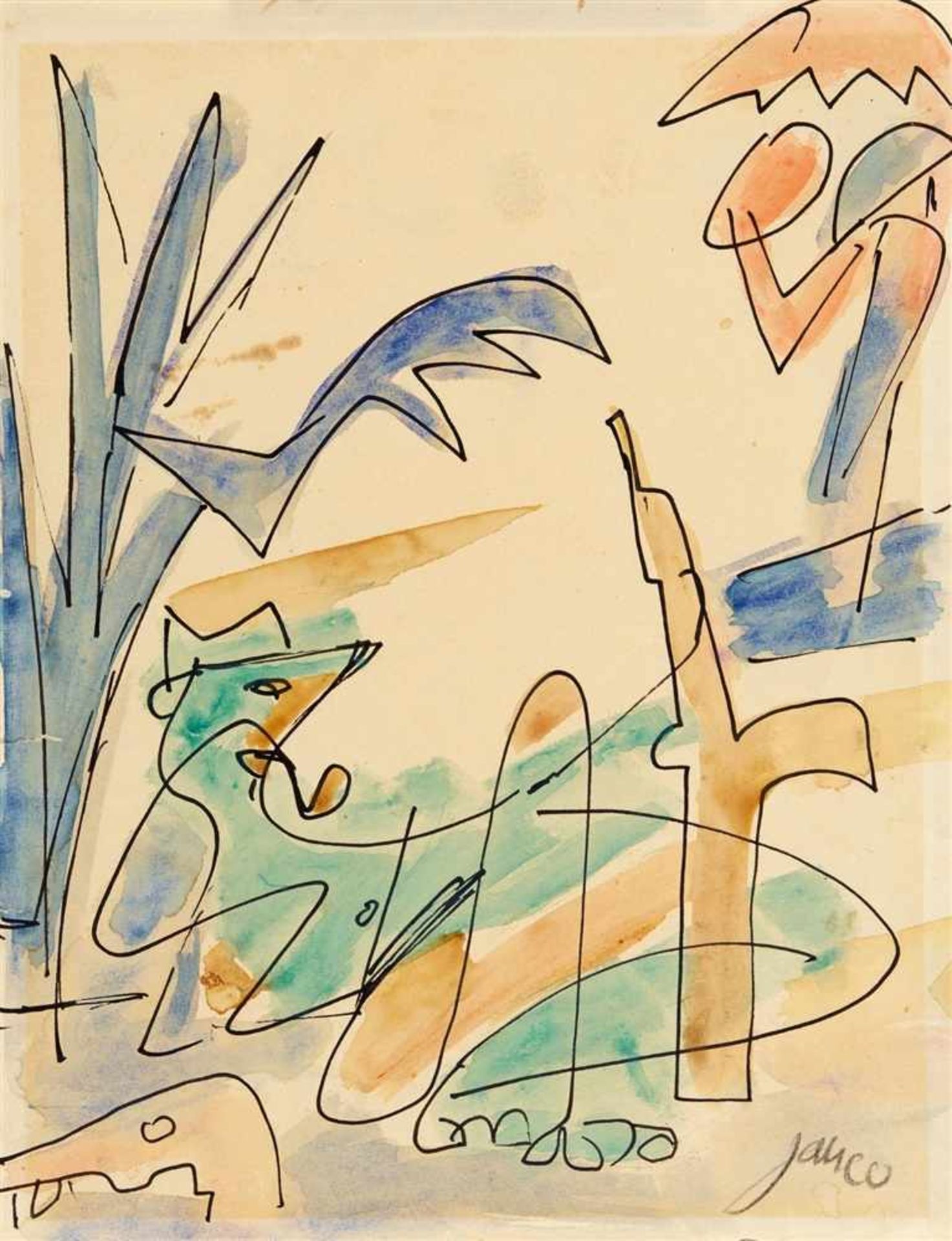 MARCEL JANCO 1895 - 1984 OHNE TITEL UM 1940Tusche und Aquarell auf dünnem Zeichenpapier. Signiert.