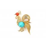 A 18 krt yellow gold rooster shaped brooch. Set with ruby, turquoise and precious coral. Italian.