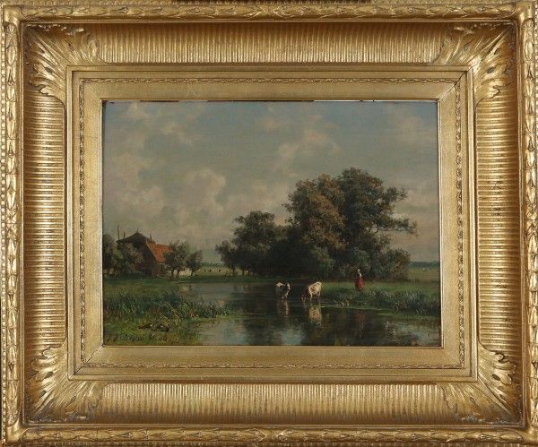 Johannes Josephus Destree (1827-1888)Landscape with drinking cows by a farm. Signed and dated 1868