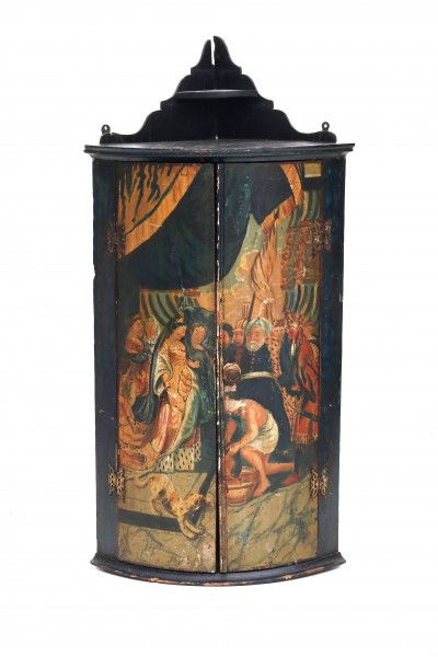 A painted corner cabinet, decorated with a biblical scene, Salome with the head of John the baptist.