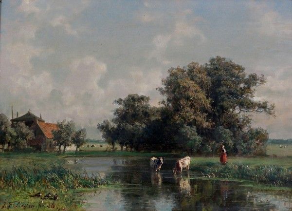 Johannes Josephus Destree (1827-1888)Landscape with drinking cows by a farm. Signed and dated 1868 - Image 4 of 4