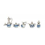 A Chinese blue and white porcelain miniature tea set with silver mounts, comprising of a samovar,