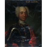 Hollandse School 18e eeuwPortrait of a count in armour, Comte de Holk. Family coat of arms lower