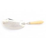 A silver fish slice. With ivory handle. Maker's mark Jacob van Wijk, Amsterdam. 19th century.