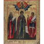 A Russian icon, three saints, all holding scrolls with Christ above them in the clouds. 19th