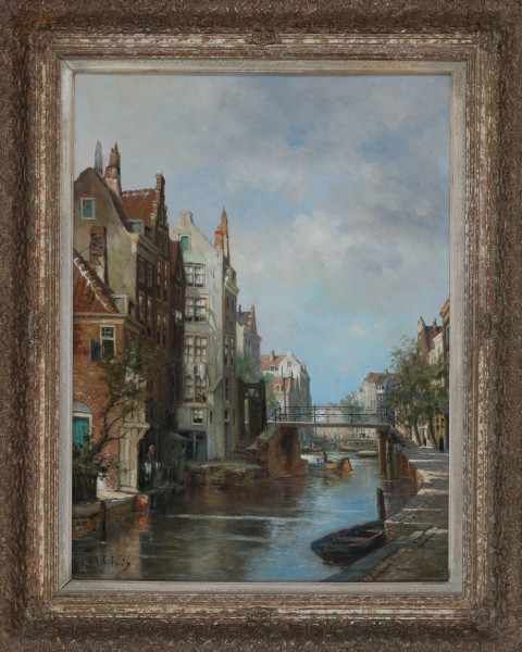 Jan Gerard Smits (1823-1910)Sunlit Dutch canal. Signed lower left.Doek 78,5 x 58 cm.