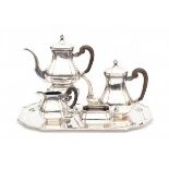 Silver tea- and coffeeservice. Five pieces with silver tray. Total weight 2.6 kgLengte blad 42,5