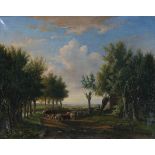 Cornelis van der Schaft (1825-1865)A flock of sheep on a country road in the late afternoon.