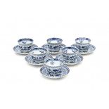 A set of six Chinese blue and white cup and saucers, decorated with sturgeon and carp. Marked with
