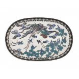 A Japanese cloisonné on porcelain serving tray, decorated with a phoenix. 19th centuryLengte 27 cm.