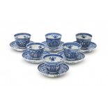 A set of six Chinese blue and white cup and saucers, decorated with flowers in petal shaped