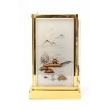 A gilt brass mantle clock with acrylic panels decorated with Chinese landscape 'Chinoise', Jaeger-