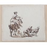 Naar Nicolaes Berchem Study of a woman on a horse and a woman milking a goat. Monogram NB lower