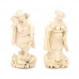 Two ivory sculptures, Daoist immortals. Lan Caihe with a fruitbasket standing on a reptile and