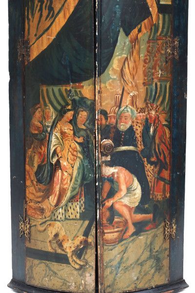 A painted corner cabinet, decorated with a biblical scene, Salome with the head of John the baptist. - Image 3 of 3