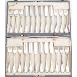 Twelve silver fish knives and forks. Maker's mark Fa. J.M. van Kempen & Zonen, Voorschoten. Date