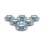 A set of six Chinese blue and white cup and saucers, decorated with bird amidst blossoming