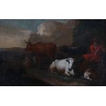 Hollandse School 17e eeuwResting shepherd with cows and sheep. Not signed.Marouflé 23,5 x 37,5 cm.