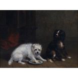 Conradijn Cunaeus (1828-1895)Interior with two dogs by a plate. Signed and dated 1848 lower right.