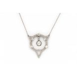A platinum and 14 krt white gold pendant with necklace. Art Deco. Set with rose and brilliant cut
