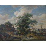Hollandse School 19e eeuwGreen landscape with a farm on the left and a city in the distance. In