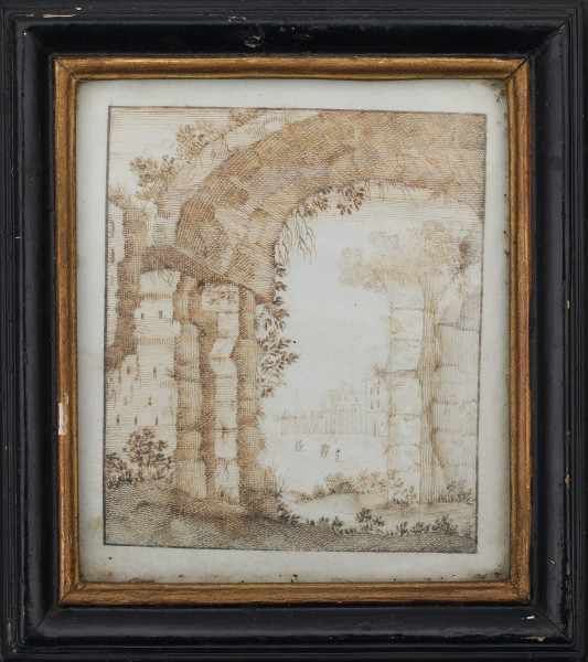 Omgeving Anthonie Crussens (18e eeuw)Seven landscapes with trees or ruins in the forreground and - Image 7 of 7