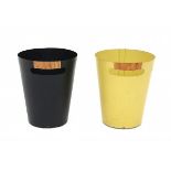 Floris FiedeldijTwo metal waste baskets, lacquered in black and yellow, with cane wickered grips,
