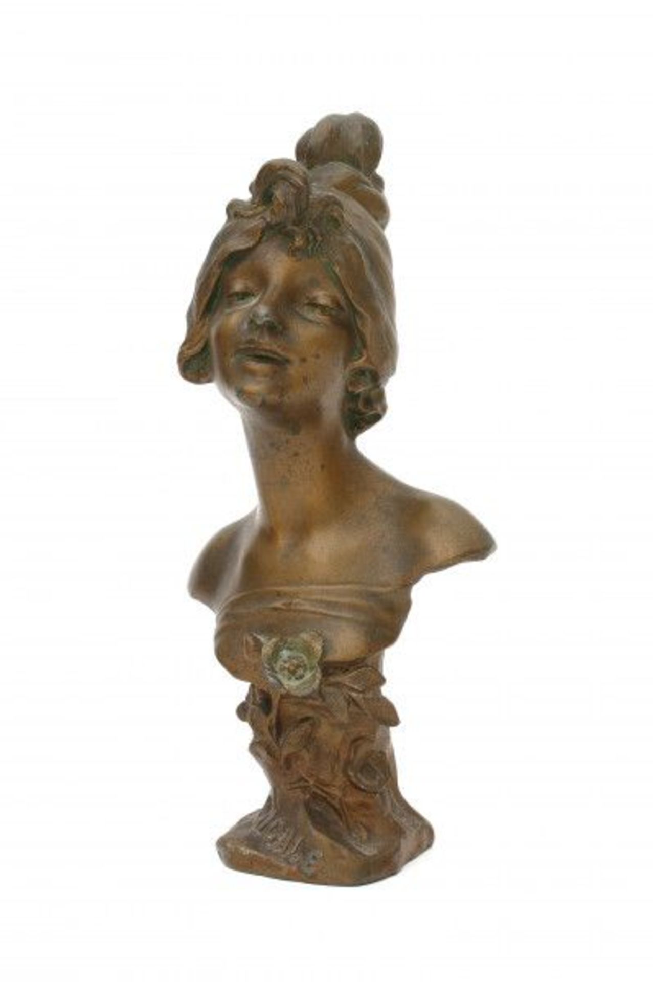 Julien Caussé (1869-1909)A patinated spelter buste, titled Cigalle, with moulded signature J.