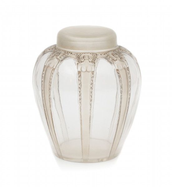 René Lalique (1860-1945)A partly frosted and taupe stained moulded glass vase and cover, model '