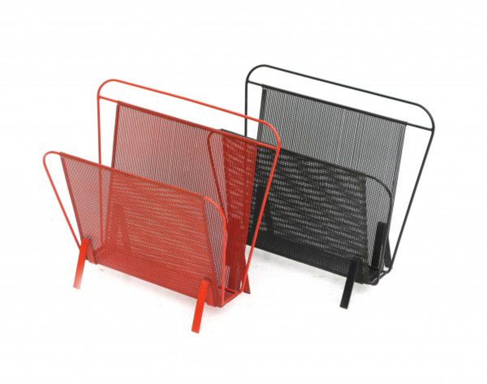 Mathieu Mategot (1910-2001)A red and a black lacquered pierced and folded metal magazine rack,