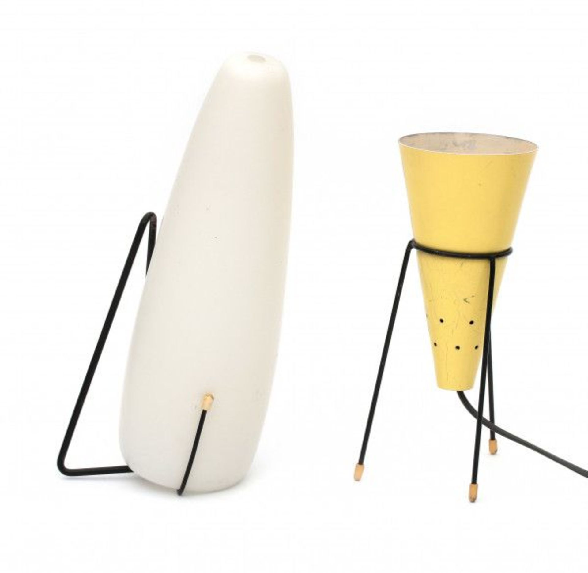 Philips, EindhovenA wire metal and frosted opaline glass wall lamp, 1950s, together with a yellow