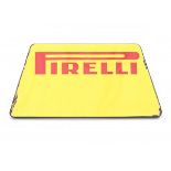 PirelliA red, yellow and black enamelled sign, part of a tire stand, 1960s, traces of use.19 x 38 x